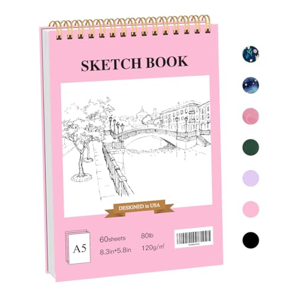 Stilip 5.5" x 8.5"Sketch Book,1-Pack 60-Sheets(80lb/120gsm),Top Spiral Bound Sketch Pad,Acid Free Art Sketchbook Artistic Drawing Pad for Beginners Artists-Light Pink