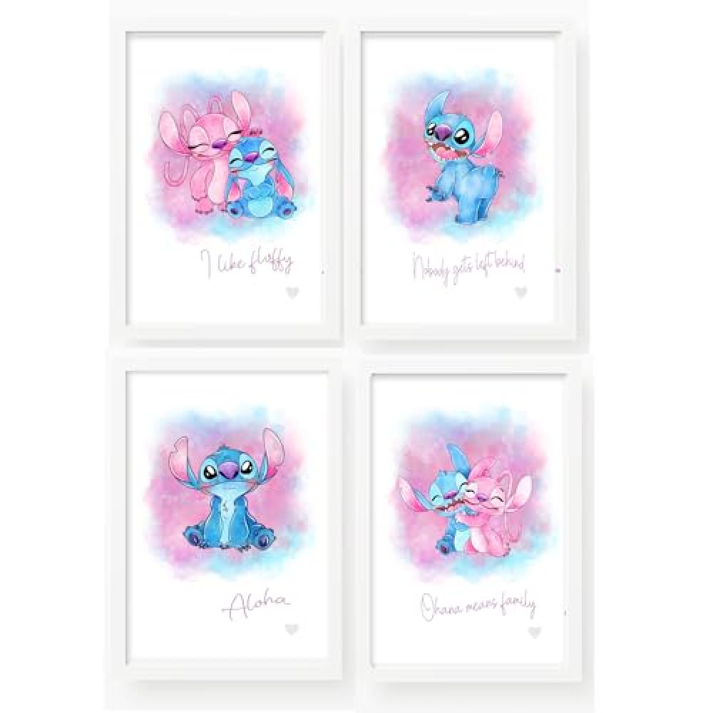 Stitch Angel Set of 4 Movie Quote Prints. Watercolour high quality fine art, framed or print only and choice of sizes bedroom, nursery, children, Stitch lovers