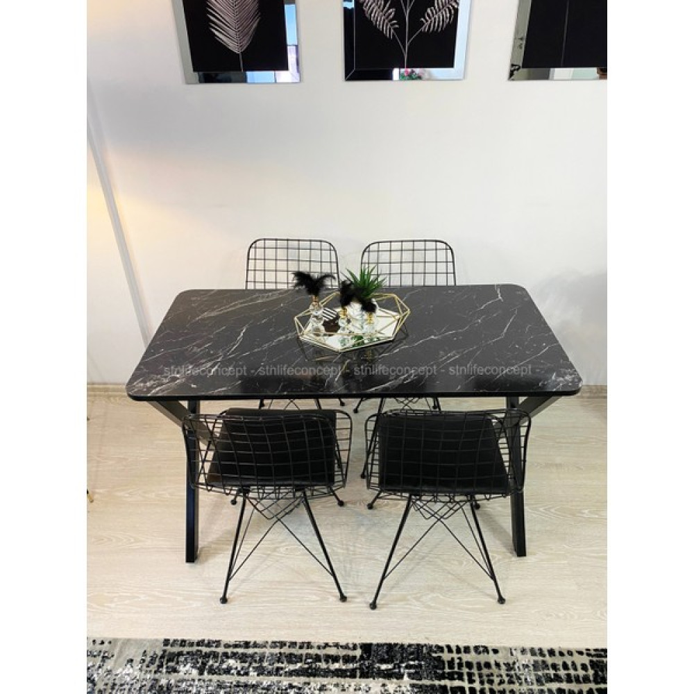 STN Life Concept Mutfak Masa Takımı 60X120CM x Metal Ayaklı Masa Seti Yemek Masası 4 Tel Sandalyeli Siyah Mermer Desen Masa - Sandalye Seti / Takımı Fiyatı