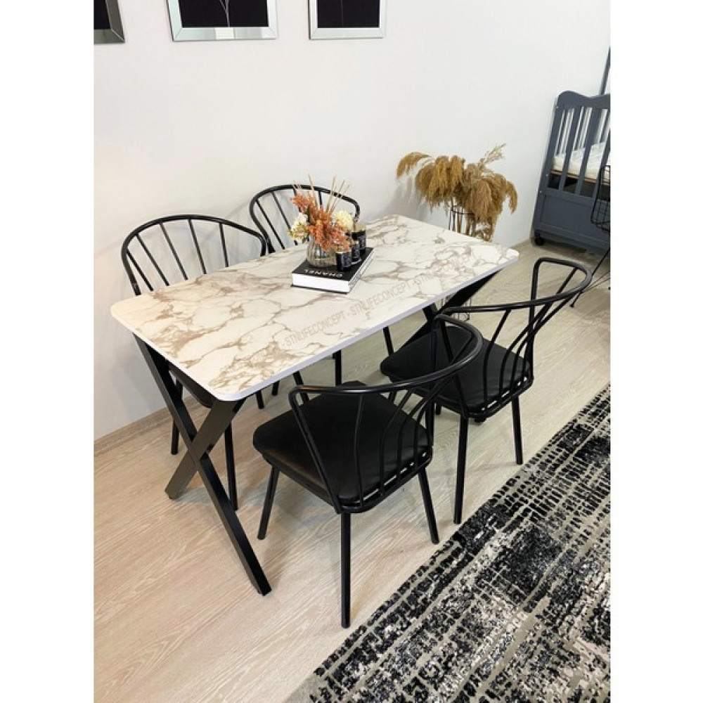STN Life Concept Mutfak Masa Takımı 60X120CM Yemek Masası 4 Güneş Sandalye Deri x Metal Ayaklı Masa Seti Beyaz Mermer Desen Masa - Sandalye Seti / Takımı Fiyatı