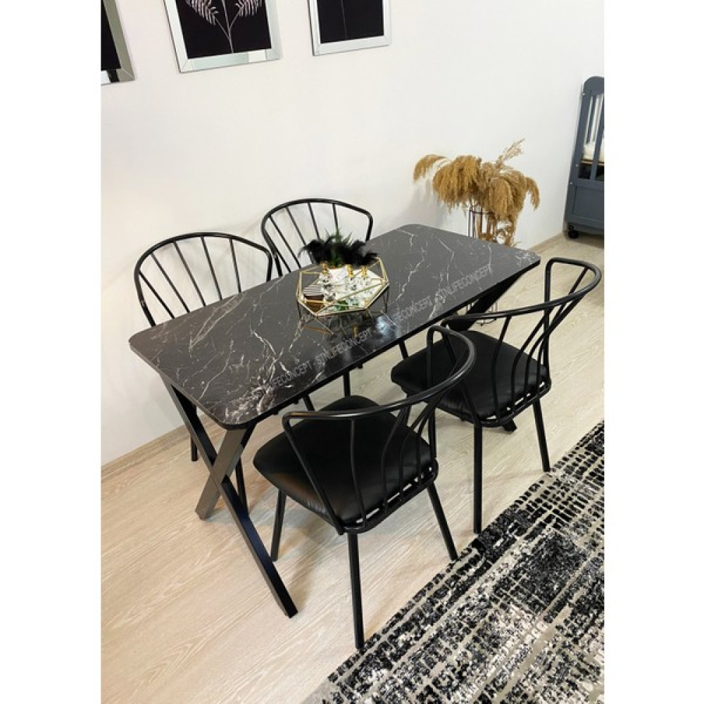 STN Life Concept Mutfak Masa Takımı 60X120CM Yemek Masası 4 Güneş Sandalye Deri x Metal Ayaklı Masa Seti Siyah Mermer Desen Masa - Sandalye Seti / Takımı Fiyatı