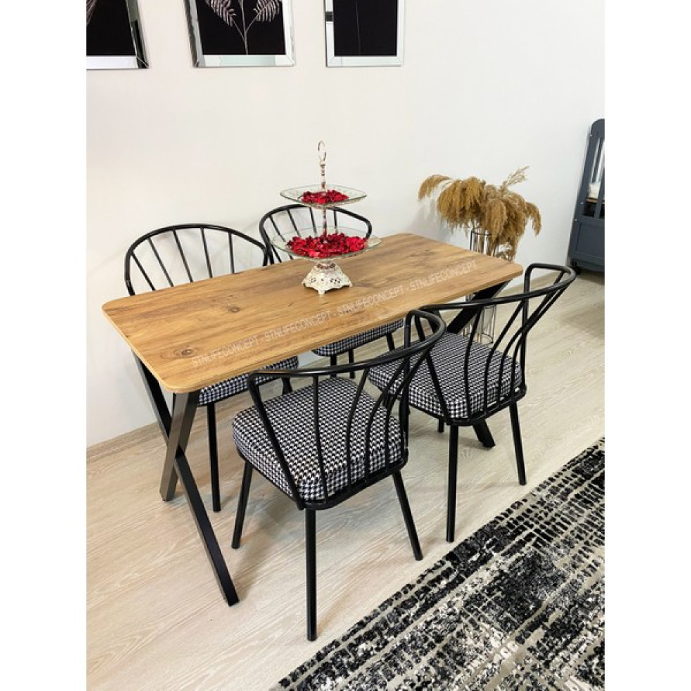 STN Life Concept Mutfak Masa Takımı 60X120CM Yemek Masası x Metal Ayaklı Masa Seti 4 Güneş Sandalye Kumaş Atlantik Çam Masa - Sandalye Seti / Takımı Fiyatı