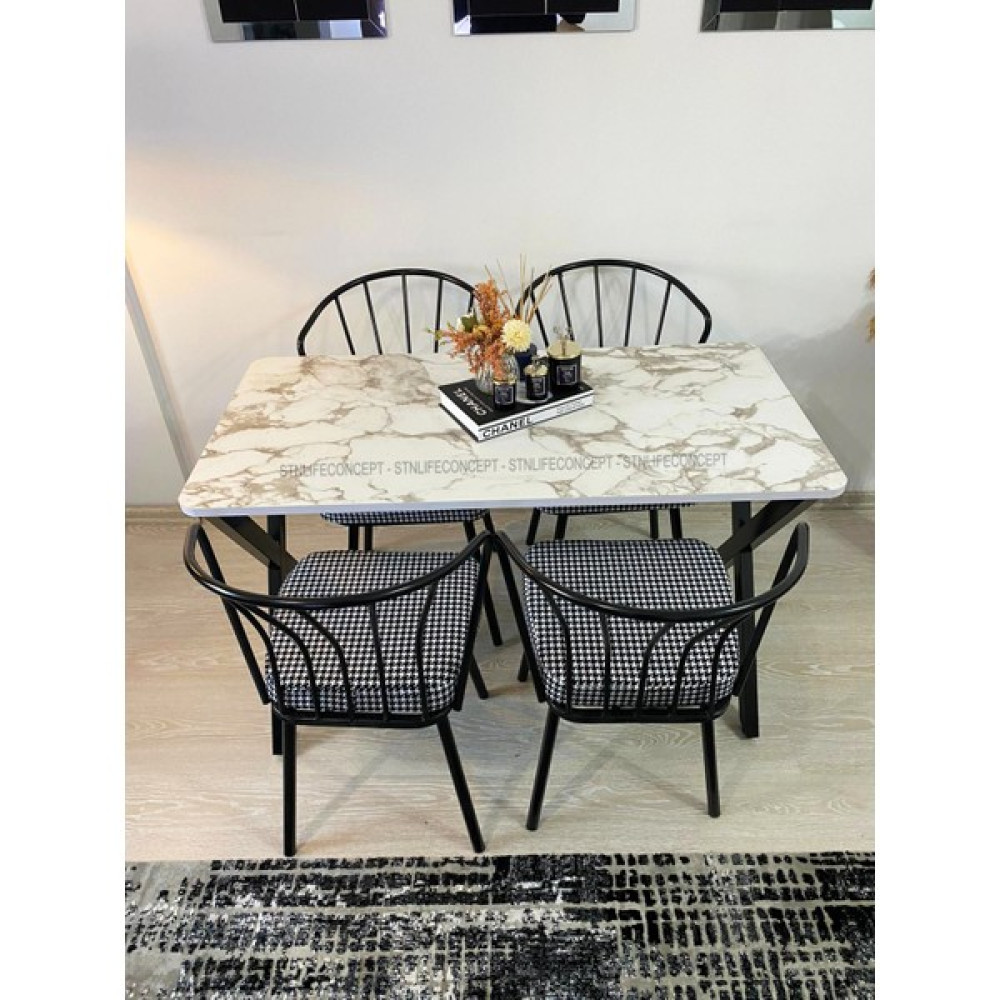 STN Life Concept Mutfak Masa Takımı 60X120CM Yemek Masası x Metal Ayaklı Masa Seti 4 Güneş Sandalye Kumaş Beyaz Mermer Desen Masa - Sandalye Seti / Takımı Fiyatı