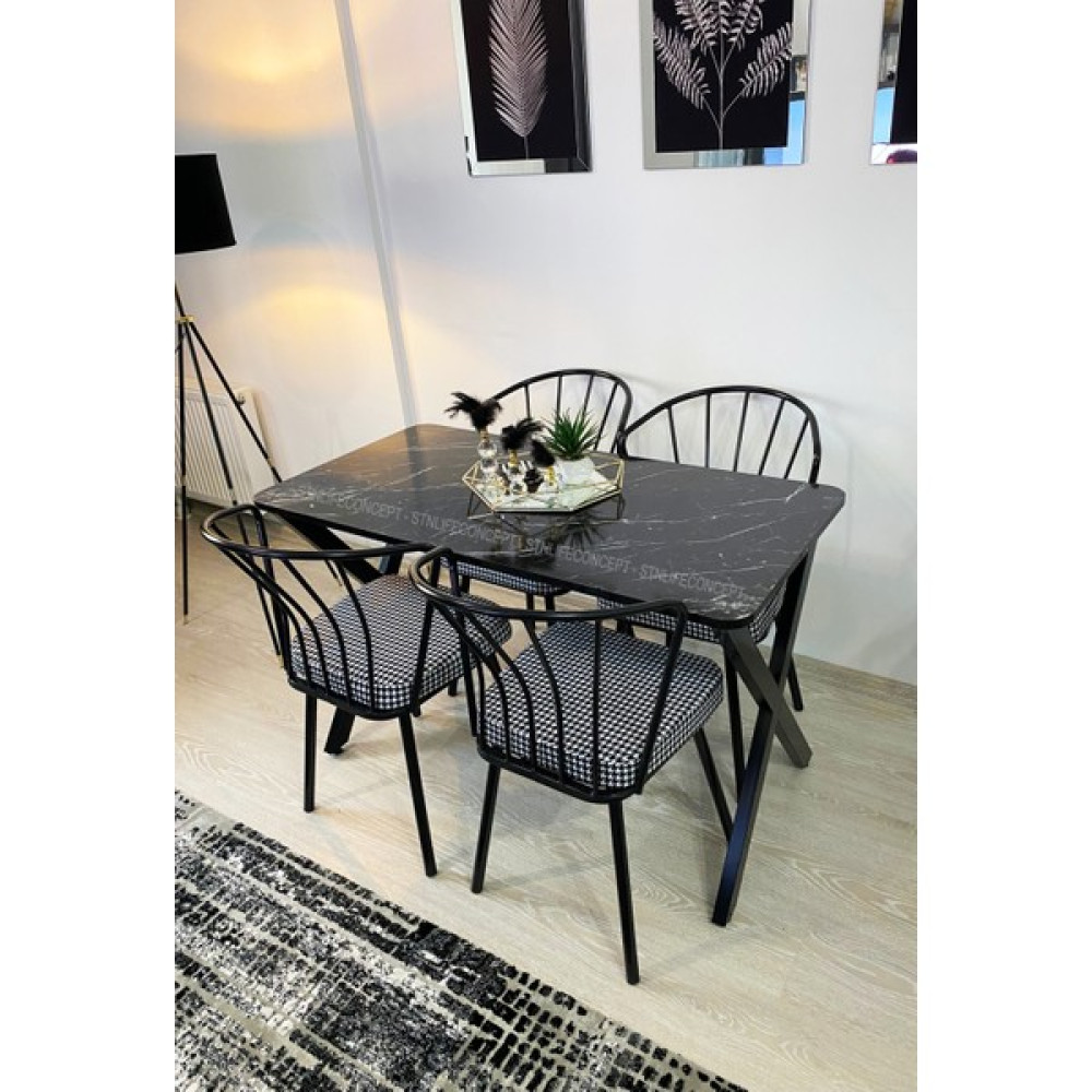 STN Life Concept Mutfak Masa Takımı 60X120CM Yemek Masası x Metal Ayaklı Masa Seti 4 Güneş Sandalye Kumaş Siyah Mermer Desen Masa - Sandalye Seti / Takımı Fiyatı