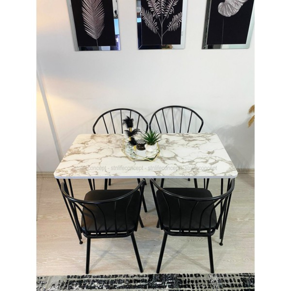 STN Life Concept Mutfak Masa Takımı Cafe Balkon 60X120CM Yemek Masası 4 Güneş Sandalye Deri Metal Ayaklı Masa Seti Beyaz Mermer Desen Masa - Sandalye Seti / Takımı Fiyatı