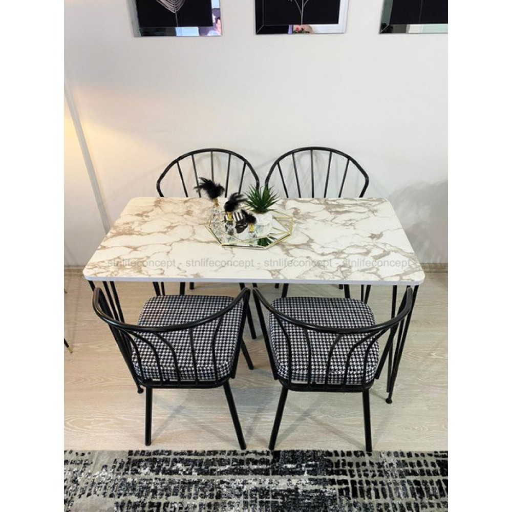 STN Life Concept Mutfak Masa Takımı Cafe Balkon 60X120CM Yemek Masası 4 Güneş Sandalye Kumaş Metal Ayaklı Masa Seti Beyaz Mermer Masa - Sandalye Seti / Takımı Fiyatı