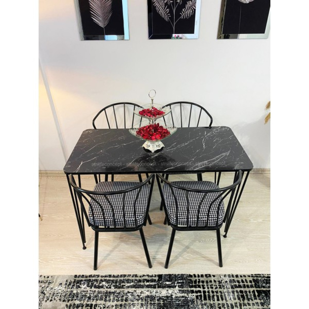 STN Life Concept Mutfak Masa Takımı Cafe Balkon 60X120CM Yemek Masası 4 Güneş Sandalye Kumaş Metal Ayaklı Masa Seti Siyah Mermer Desen Masa - Sandalye Seti / Takımı Fiyatı