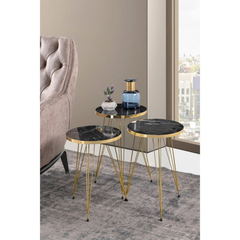 stnlifeconcept 3lü Zigon Sehpa Gold Kenar Gold Metal Ayaklı Siyah Zigon Sehpa Fiyatı