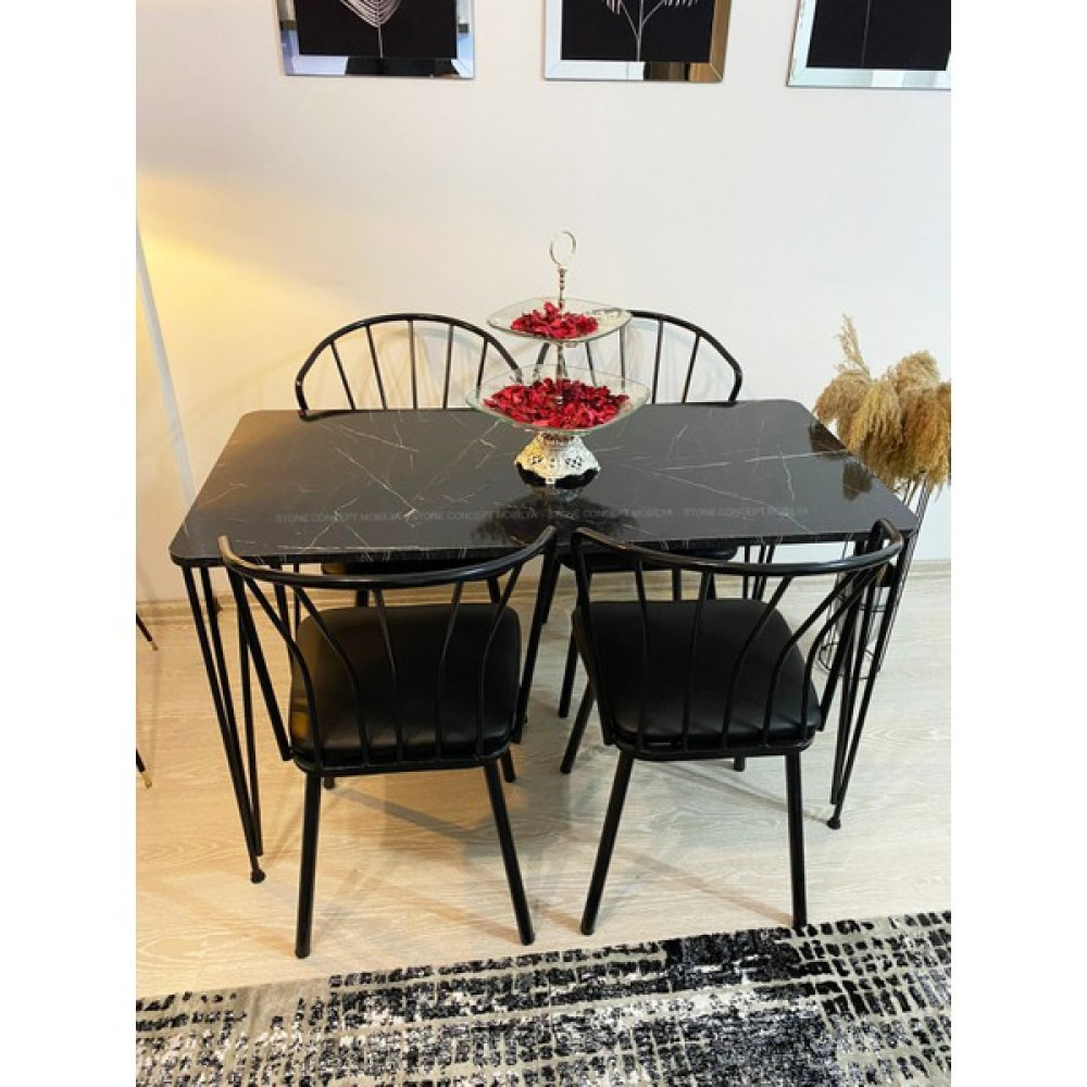 Stone Concept Mobilya Meric Kaya Yemek Masa Takımı 60X120CM Mutfak Masası Cafe Masası 4 Adet Güneş Sandalye 1 Adet Masa Siyah Mermer Desen Masa - Sandalye Seti / Takımı Fiyatı