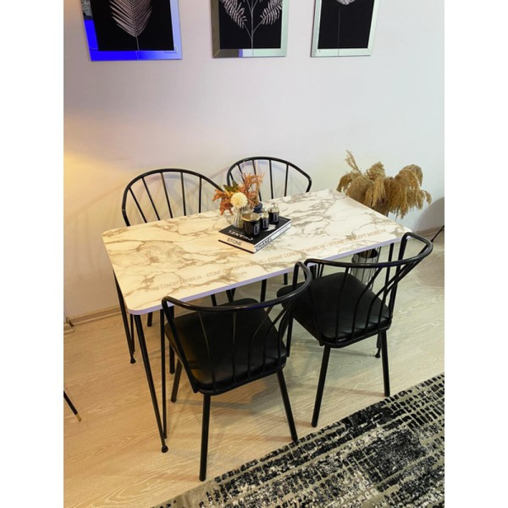 Stone Concept Mobilya Yemek Masa Takımı 60X120CM Mutfak Masası Cafe Masası 4 Adet Güneş Sandalye 1 Adet Masa Beyaz Mermer Desen Masa - Sandalye Seti / Takımı Fiyatı
