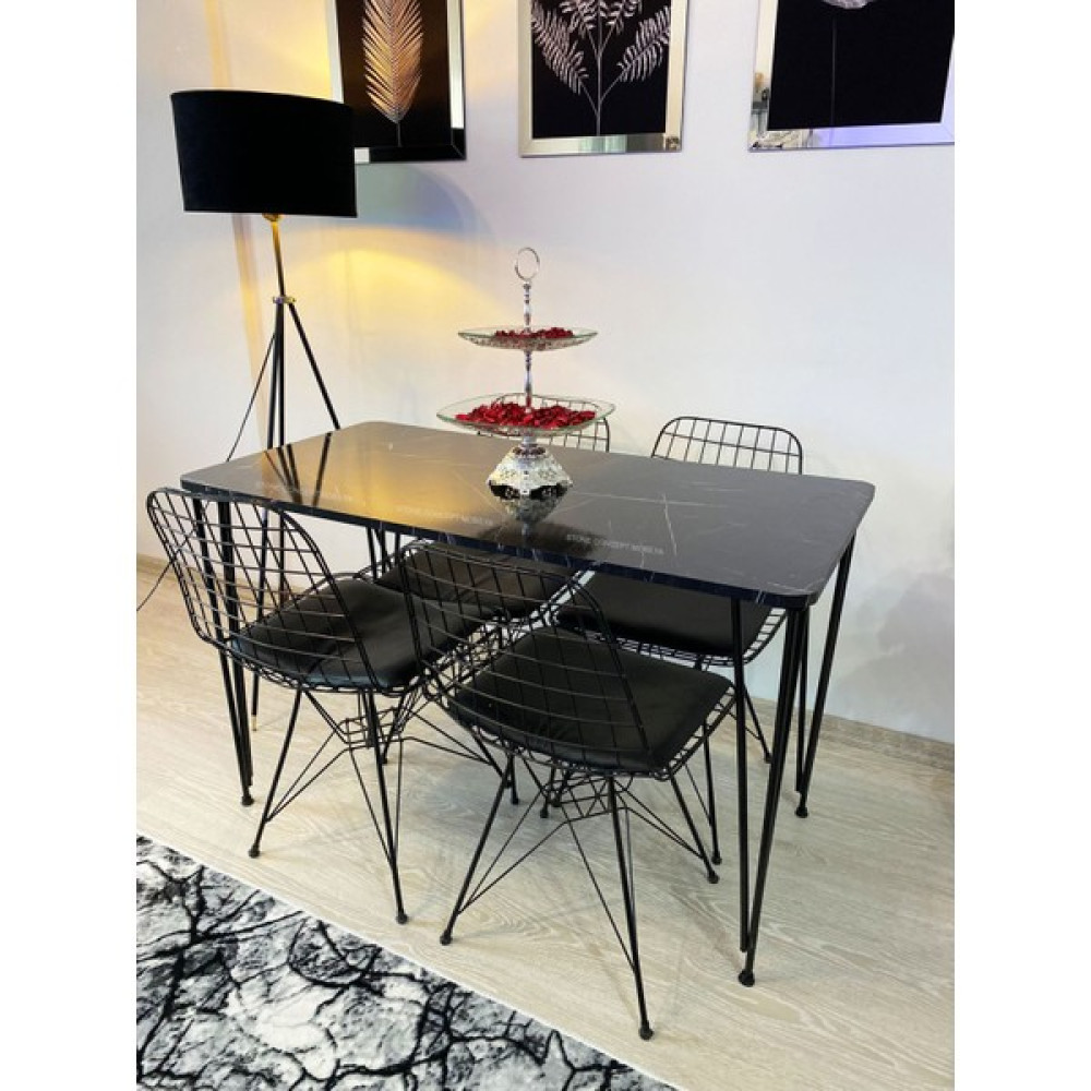 Stone Concept Mobilya Yemek Masa Takımı Mutfak Masası Cafe Masası 4 Adet Tel Sandalye 1 Adet Masa 60 x 120 cm Siyah Masa - Sandalye Seti / Takımı Fiyatı
