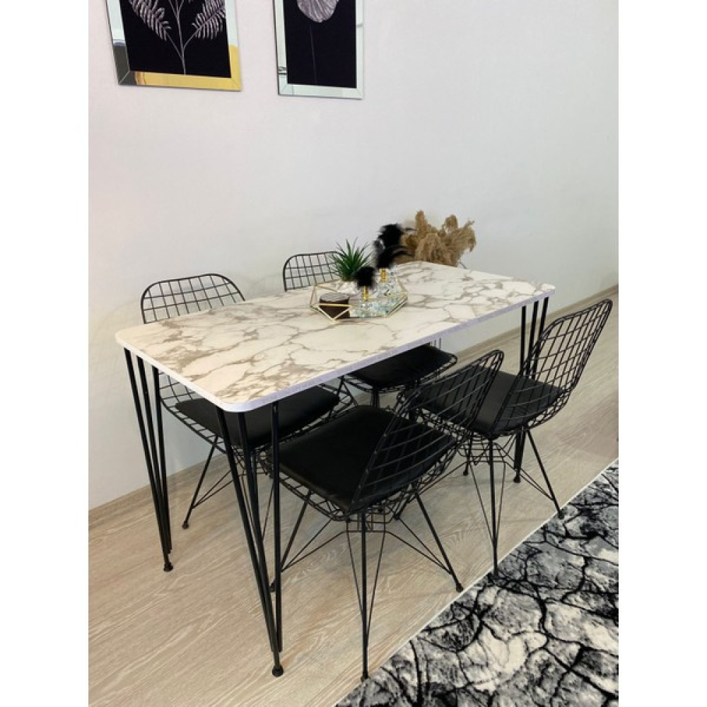 Stone Concept Mobilya Yemek Masa Takımı Mutfak Masası Cafe Masası 4'lü Tel Sandalye + Masa 60 x 120 cm Beyaz Gri Masa - Sandalye Seti / Takımı Fiyatı