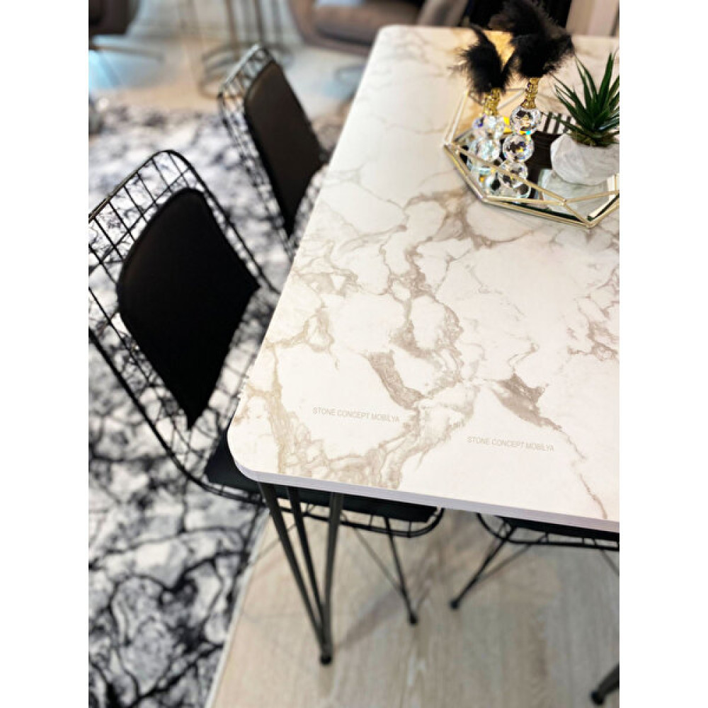 Stone Concept Mobilya Yemek Masa Takımı Mutfak Masası Sırt Minderli 4'lü Tel Sandalye + Masa 60 x 120 cm Beyaz Gri Masa - Sandalye Seti / Takımı Fiyatı
