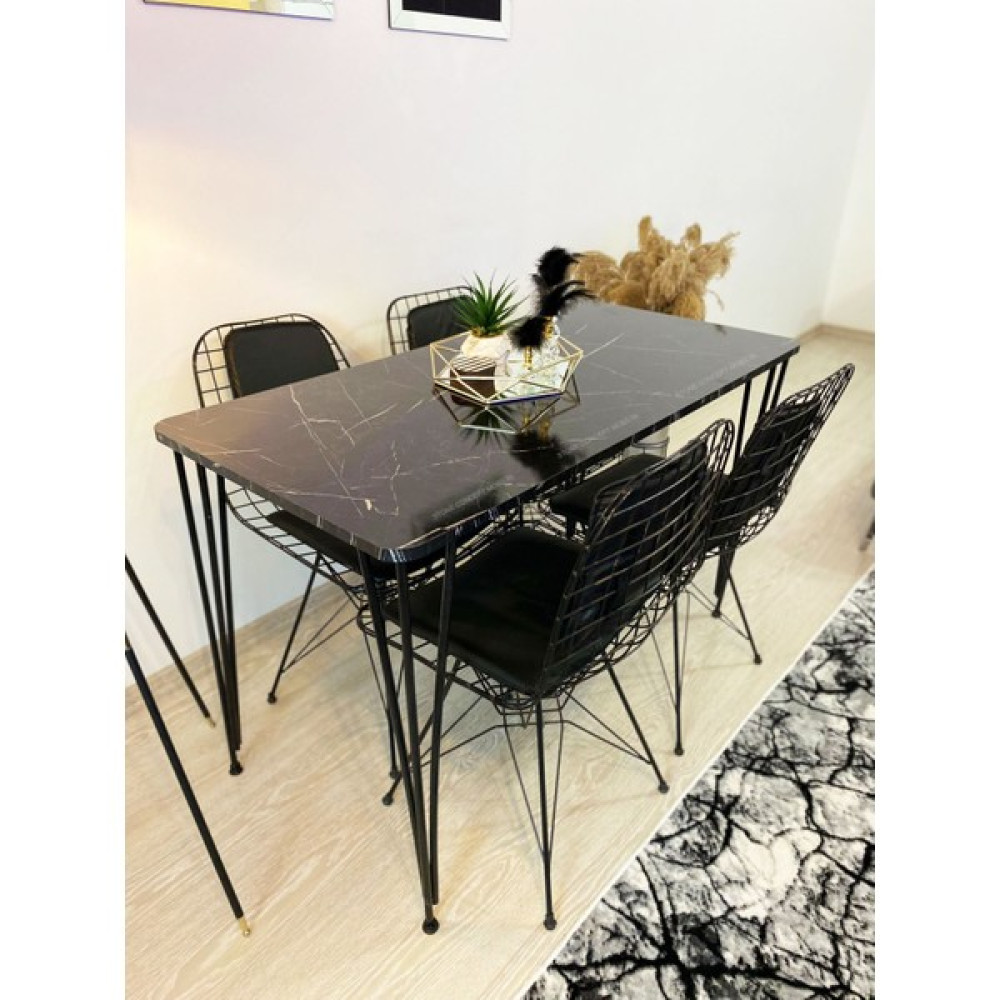 Stone Concept Mobilya Yemek Masa Takımı Mutfak Masası Sırt Minderli 4'lü Tel Sandalye + Masa 60 x 120 cm Siyah Masa - Sandalye Seti / Takımı Fiyatı