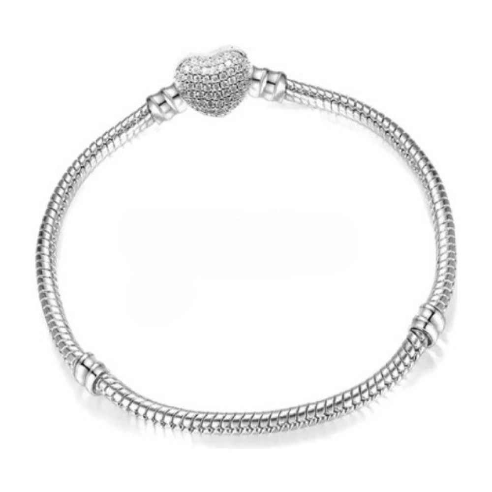 Stone Family Moments Pavé Taşlı Kalp Klipsli Yılan Zincir Bileklik, Charm Uyumlu (Tüm Boyutlar) - 17 cm Saat ve Bileklik Aksesuarı Fiyatı