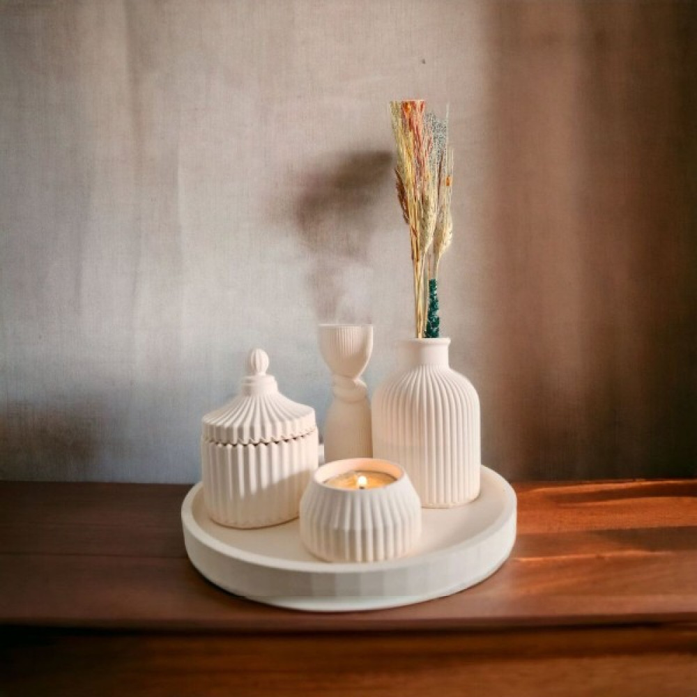 Stone Powder Decorative Dekoratif Yuvarlak Tepsi, Tealight Mumluk, Kapaklı Kutu, Iskandinav Vazo Düğüm Sütun Biblo Beton Set - 0 - Bej Şamdan Fiyatı