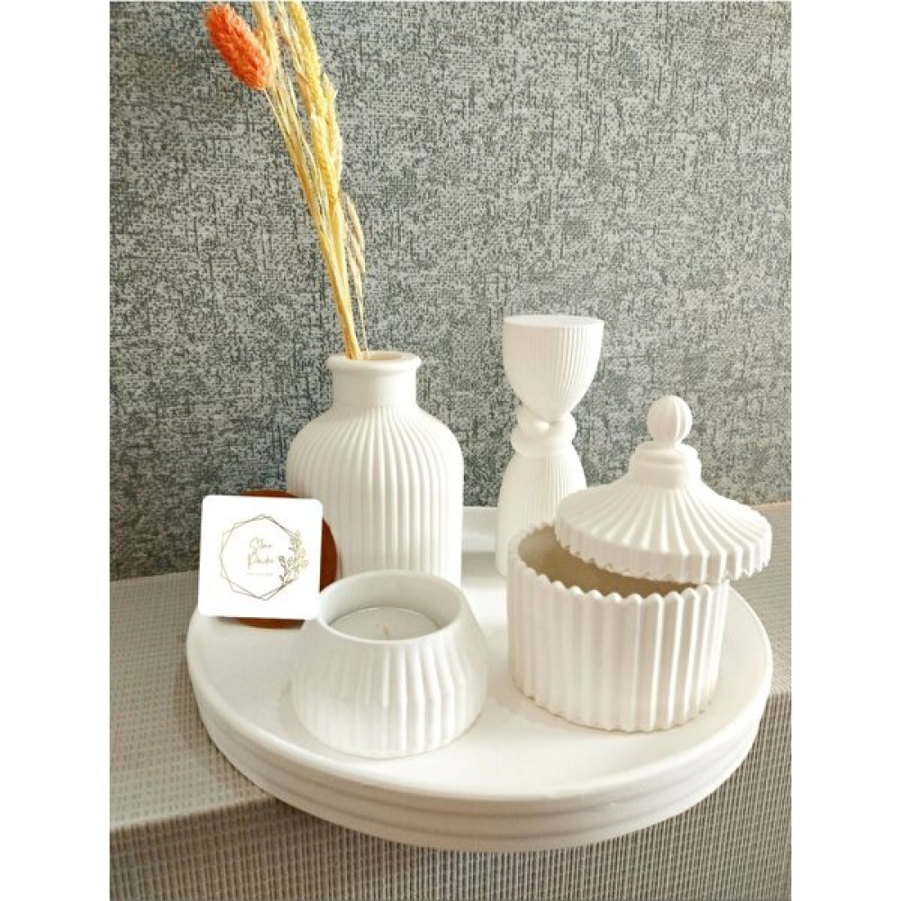 Stone Powder Decorative Dekoratif Yuvarlak Tepsi, Tealight Mumluk, Kapaklı Kutu, Iskandinav Vazo Düğüm Sütun Biblo Beton Set - 0 - Beyaz Şamdan Fiyatı