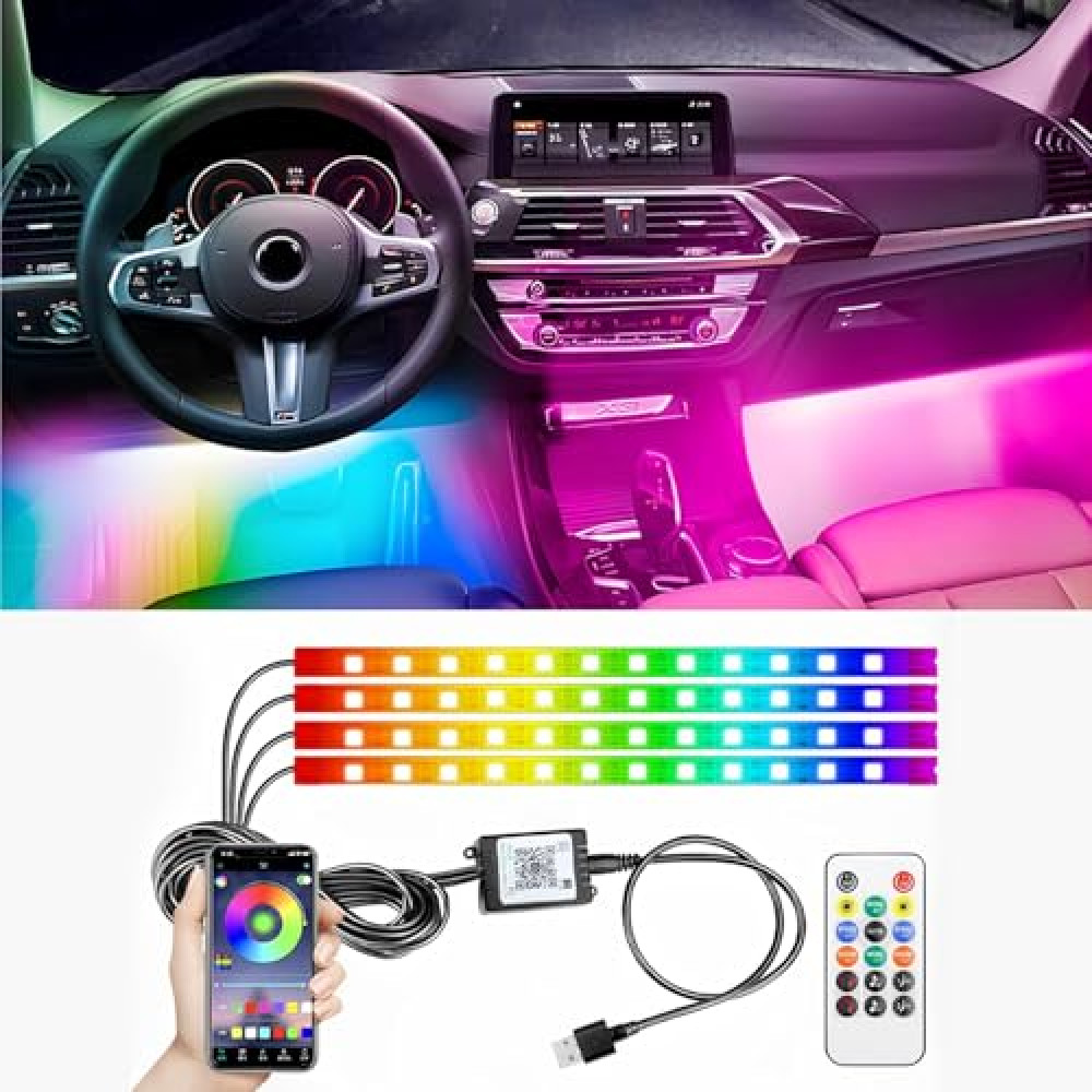 StoneBanks Car Strip Lights Interior, LED RGB USB A Under Dash Lighting, 12V Footwell Neon Internal Lights Kit, Smart APP Control and Remote Dual Control, Multicolor Music Mode and DIY Mode