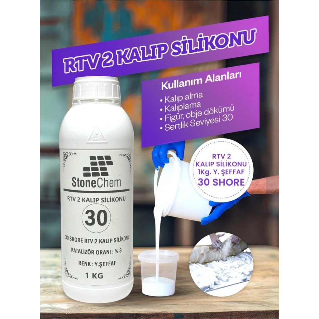 Stonechem RTV-2 Kalıp Silikonu 1 kg – 30 Shore Yarı Şeffaf – Katalizör Dahil – 1. Sınıf Yüksek Mukavemet - renk Yardımcı Malzeme Fiyatı