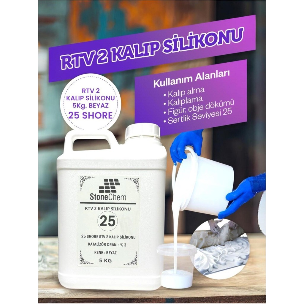 Stonechem RTV-2 Kalıp Silikonu 5 kg – 25 Shore Beyaz – Katalizör Dahil – 1. Sınıf Yerli Üretim - renk Diğer Fiyatı