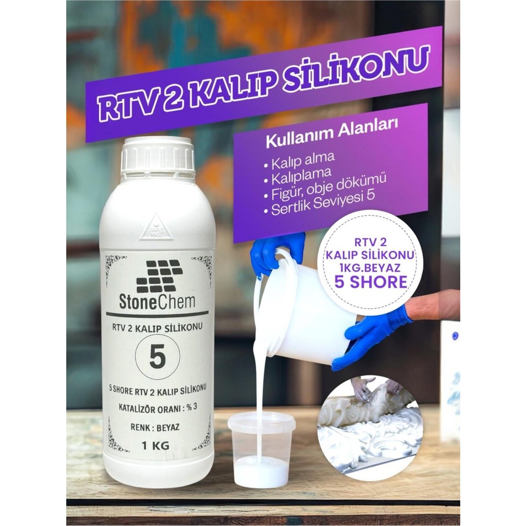 Stonechem Yüksek Kalite RTV-2 Kalıp Silikonu 1 KG – 5 Shore Beyaz (Ultra Esnek - Katalizör Dahil) Yardımcı Malzeme Fiyatı