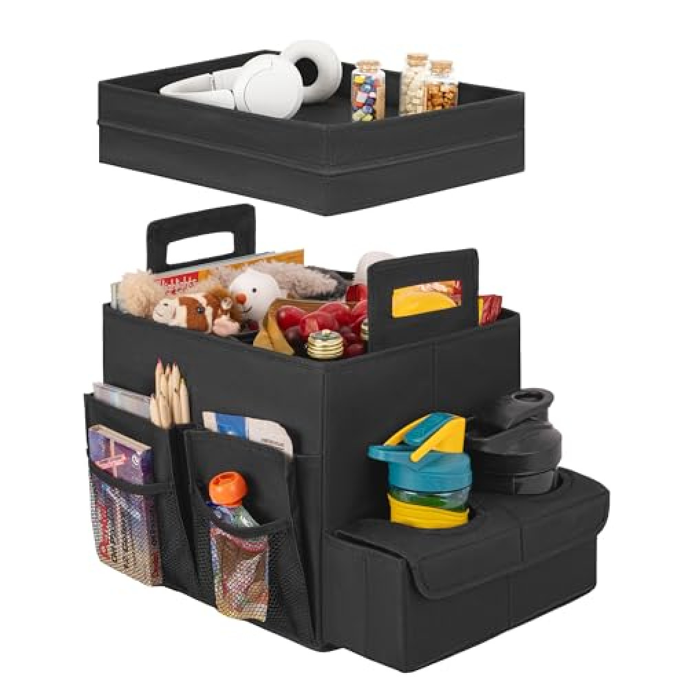 StorageWorks Trunk Organizer for Car, Car Organizer with Cup Holder, Seat Back Storage with Lid, Medium, Black, 1-Pack