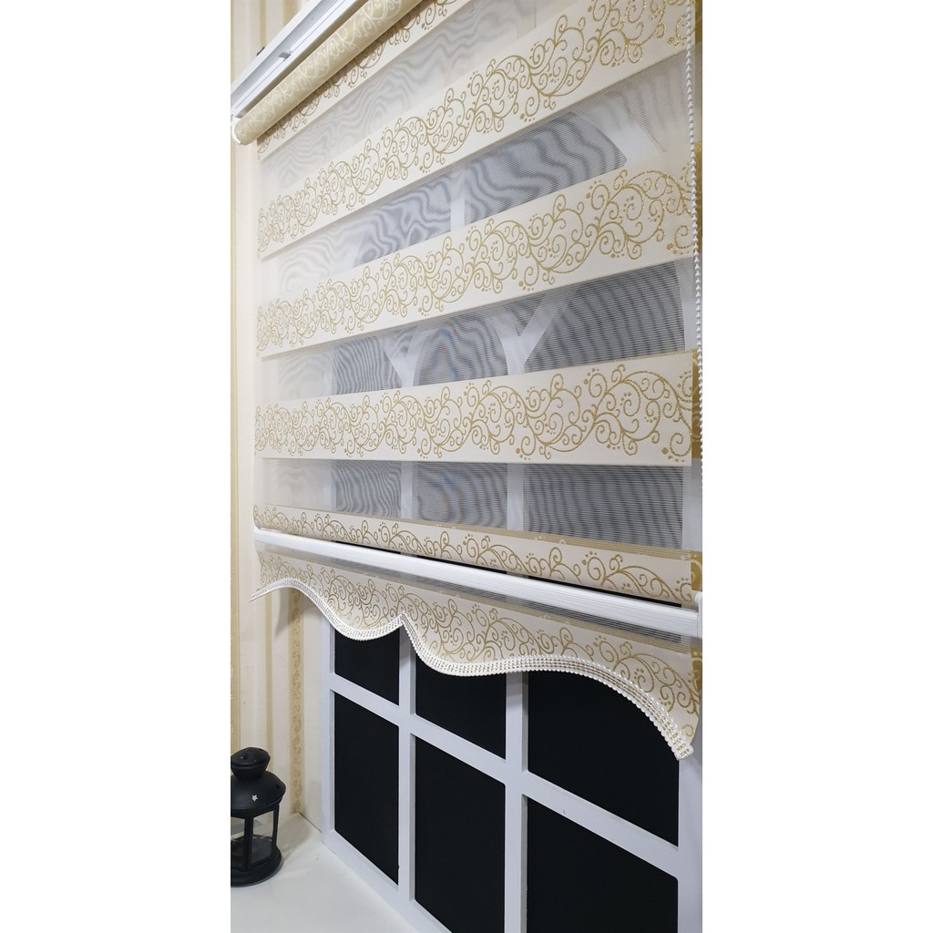 StorBurada Zebra Stor Perde Sarı Sarmaşık Desen Altın Simli Etek Dilimli STB9300 V 02 - 160 x 260 cm Perde Fiyatı