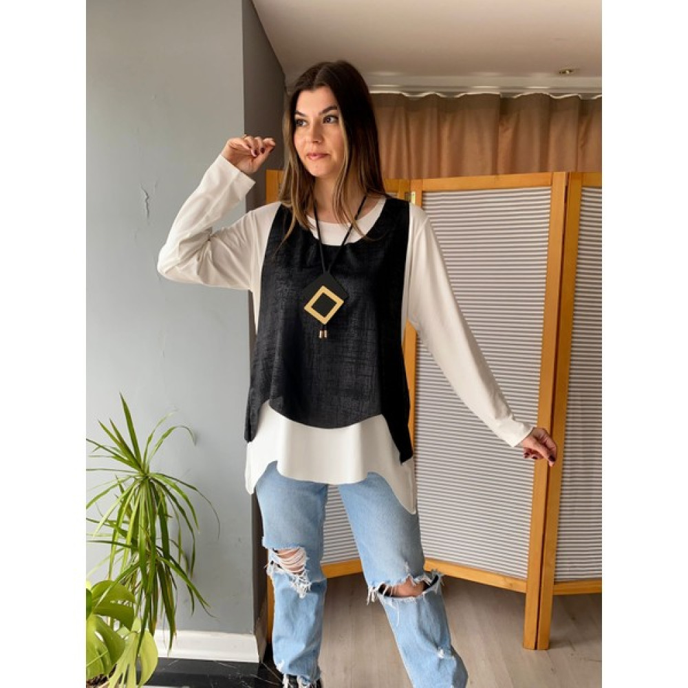Store By Dilara Kolye Hediyeli Bluz ve Deri Yelek Takım Bluz Fiyatı