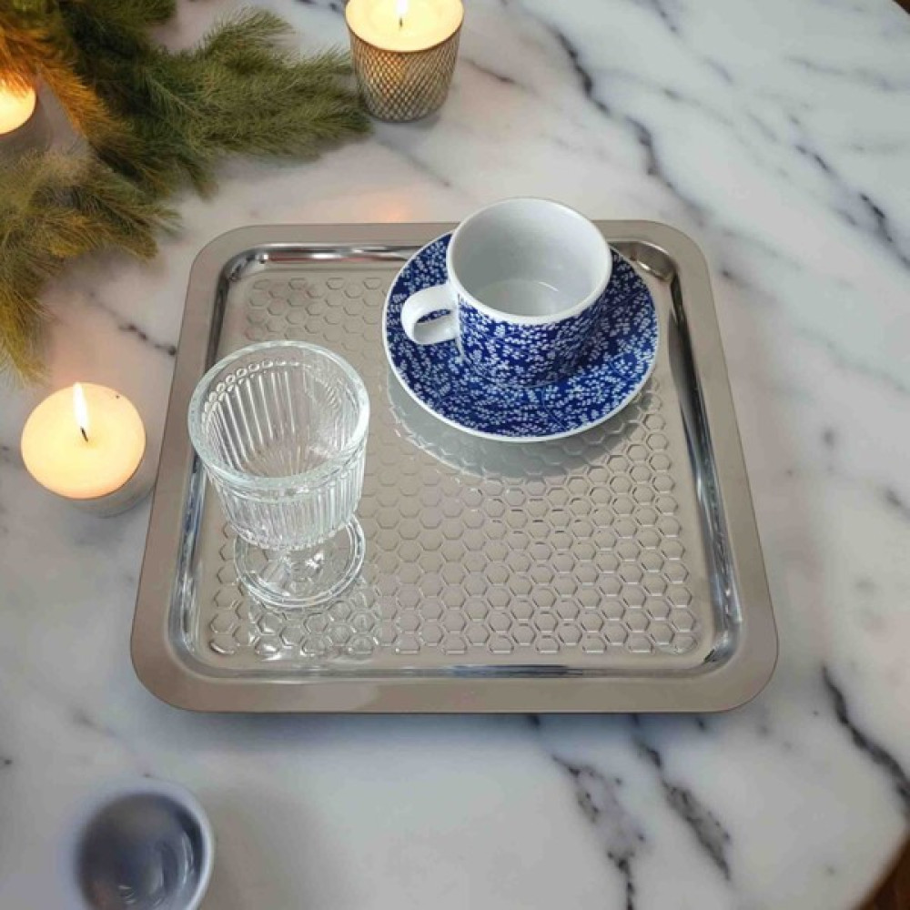 Store Trend 2 Li 21X21 Dama Kare Çelik Tepsi - Kahve ve Nişan Sunum Tepsisi - Gümüş Servis Tepsisi Fiyatı