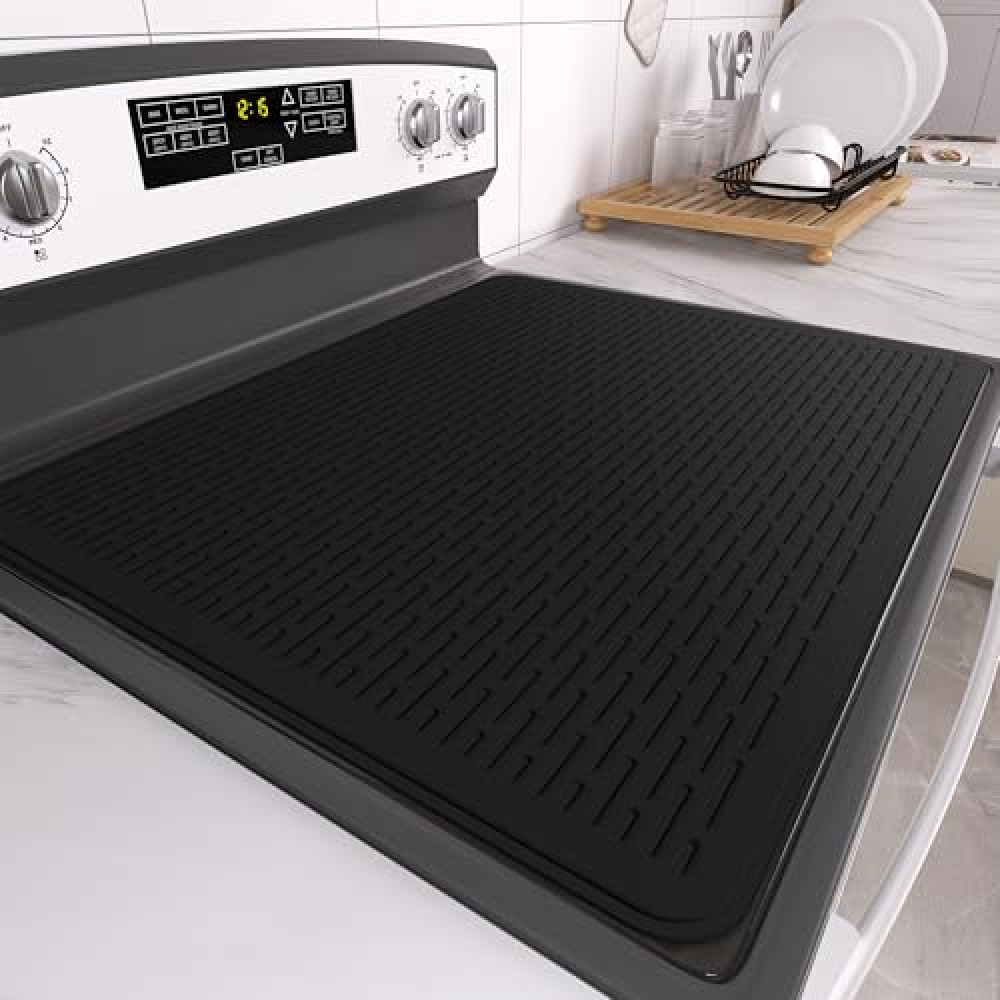Stove Top Cover for Electric Stove- Range Covers for Electric Stove,Silicone XXL Dish Drying Mat, Glass Cooktop Covers, Flat RV Range top Mats (Black, 28"x20")