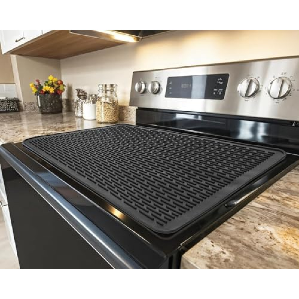 Stove Top Covers for Electric Stove - 28 x 20 Silicone Stovetop Cover,Stove Mat Protector, Extra-Large Silicone Dish Drying Mat for Kitchen, Black