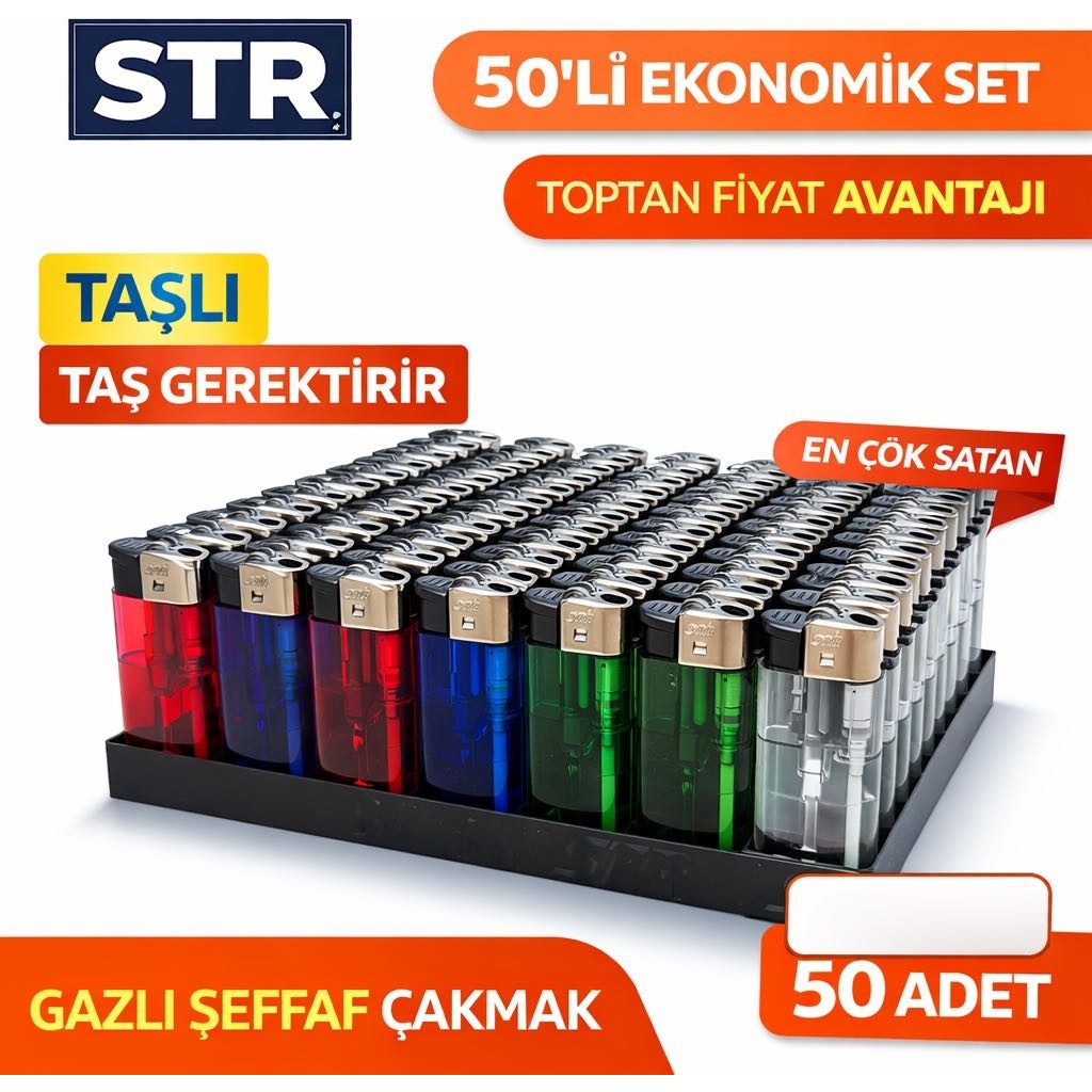 Str Taşlı Gazlı Çakmak 50’li Set Şeffaf Renkli Doldurulabilir Ekonomik Paket Çakmak Fiyatı