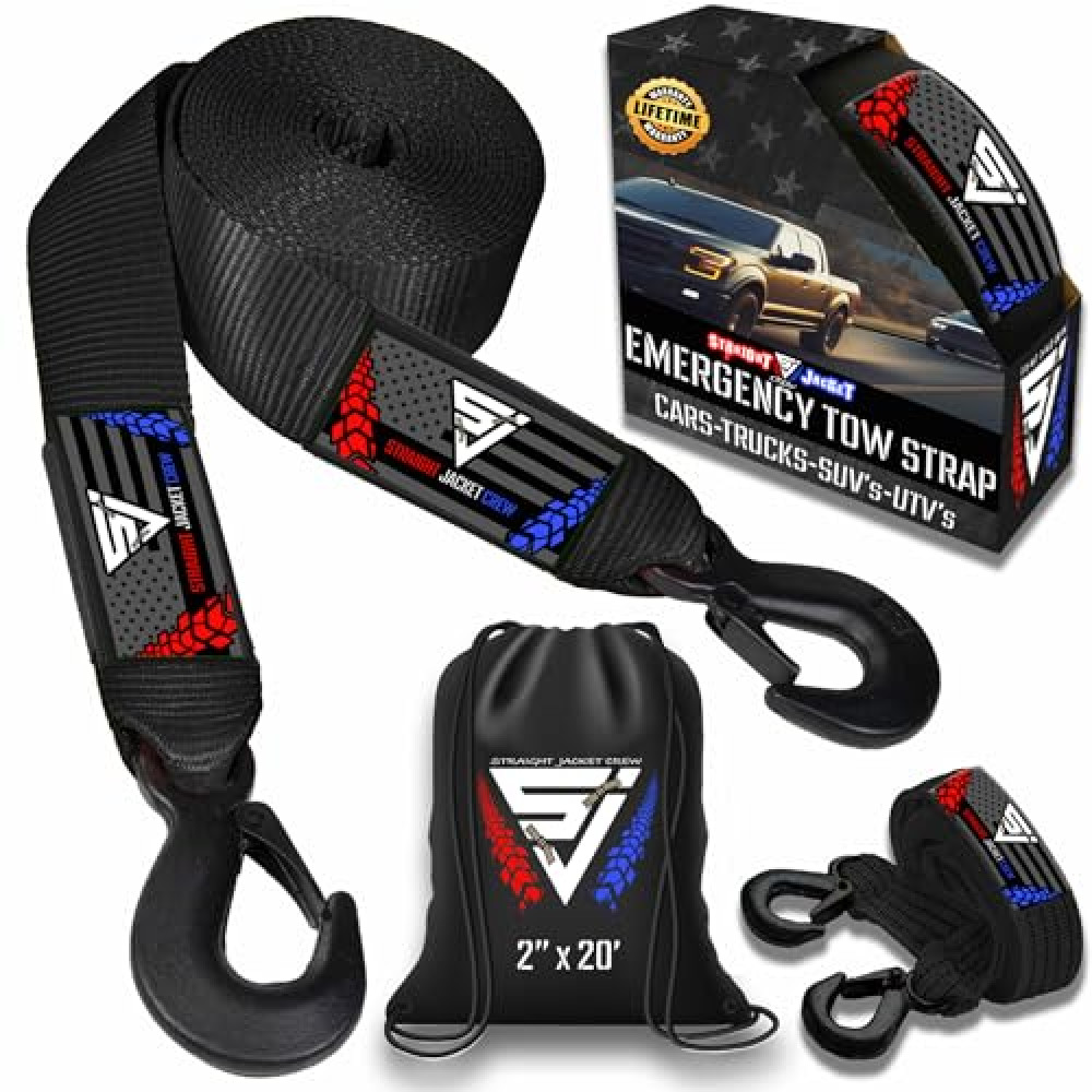 Straight Jacket Crew Heavy Duty 2-in x 20-ft Tow Strap with Forged Steel Hooks | 10,000 lb Break Strength & 3,333 lb Load Limit | Sturdy Supplies for Vehicle Towing | On-Road Use Only