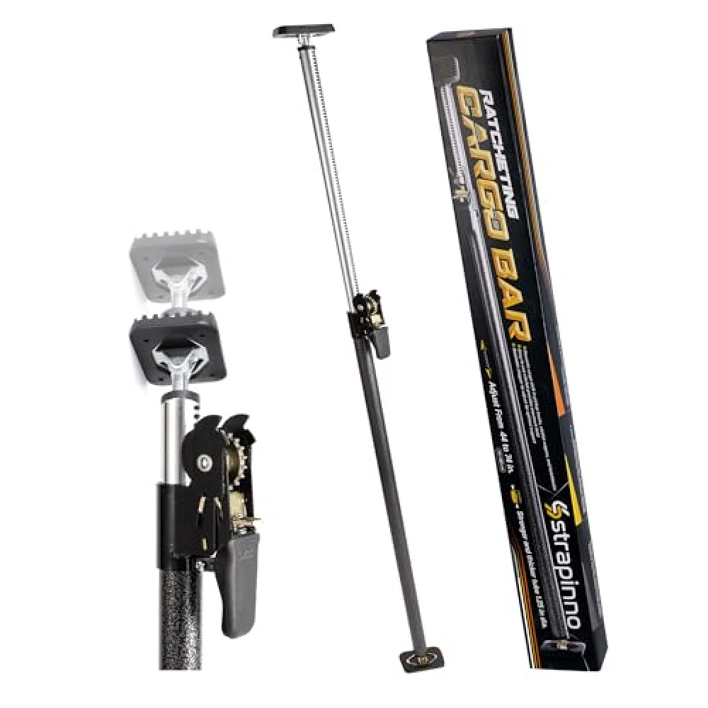 Strapinno - Ratcheting Cargo Bar 44"-74", Non-Slip Truck Bed Divider, Easy Setup, Strong 1.25" Tube, Adjustable Stabilizer for Pickup Trucks