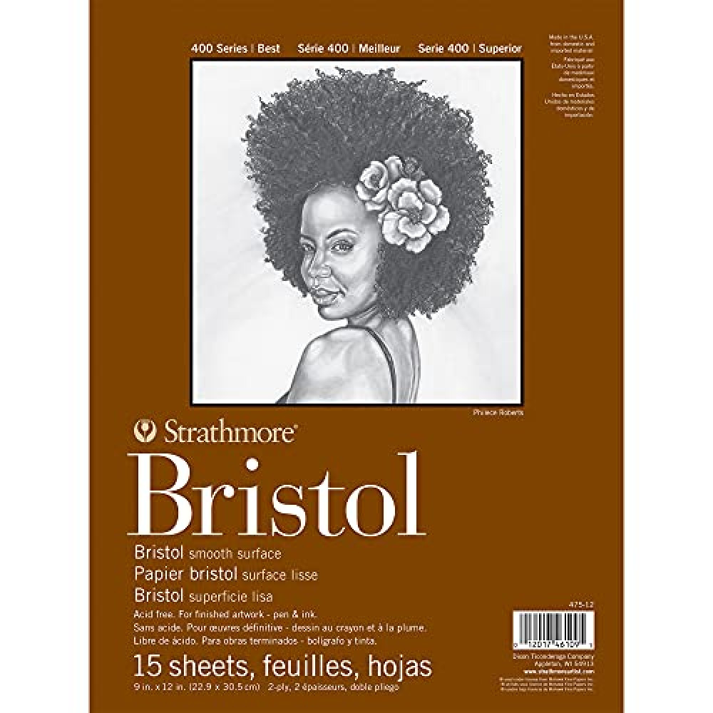 Strathmore 400 Series Bristol Paper Pad, Smooth, Tape Bound, 9x12 inches, 15 Sheets (2-ply) - Artist Paper for Adults and Students - Markers, Pen and Ink