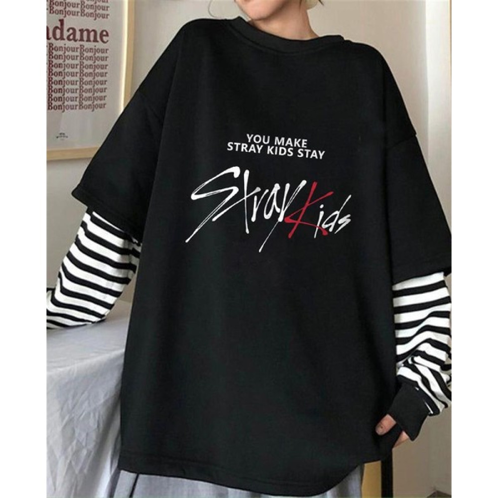 Stray Kids Baskılı Fake Sleeves Unisex Siyah T-Shirt Bayan T-shirt Fiyatı