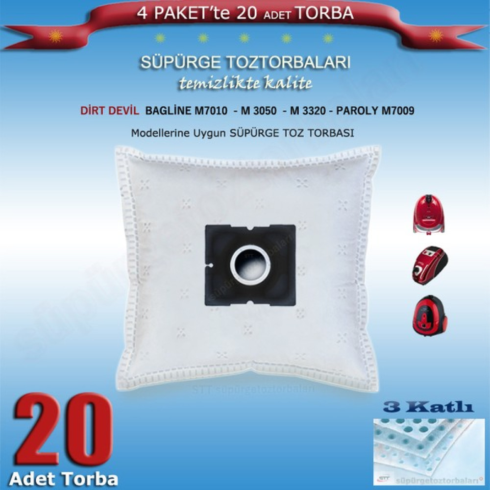 STT Dirt Devil Bagline M7010 - M 3050 - M 3320 - Paroly M7009 Modellerine Uygun Süpürge Toz Torbası 200120 - 20 Adet Elektrikli Süpürge Aksesuarları Fiyatı