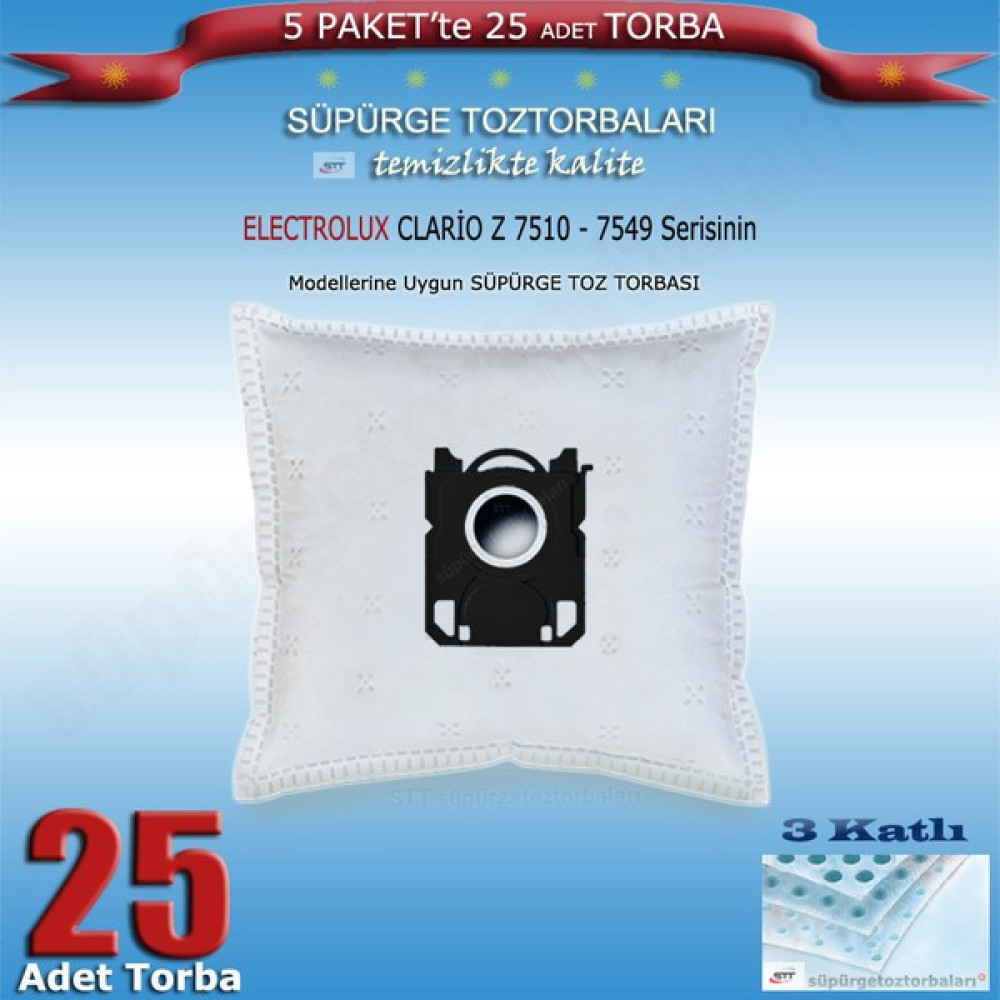 STT Electrolux Clario Z 7510 - Z 7520 - Z 7525 - Z 7530 - Z 7540 - Z 7545 - Z 7547 - Z 7549 Modellerine Uygun 25 Adet Süpürge Toz Torbası 202420 Elektrikli Süpürge Aksesuarları Fiyatı