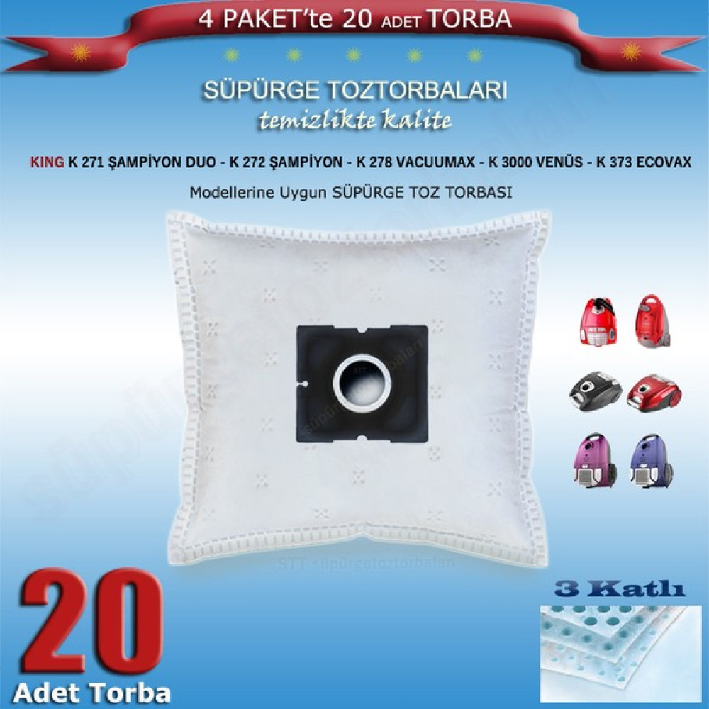STT Kıng K 271 Şampiyon Duo - K 272 Şampiyon - K 278 Vacuumax - K 3000 Venüs - K 373 Ecovax Modellerine Uygun Süpürge Toz Torbası 200120 - 20 Adet Elektrikli Süpürge Aksesuarları Fiyatı