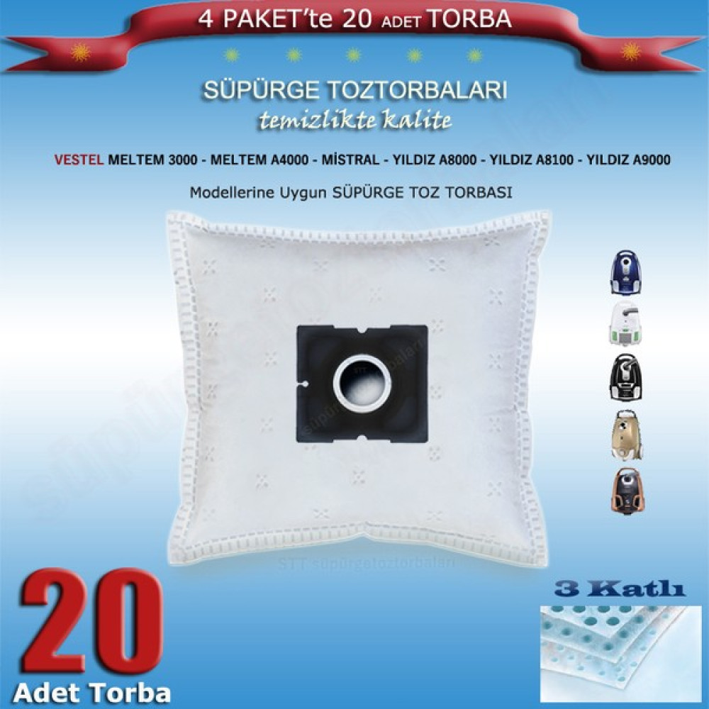 STT Vestel Meltem 3000 - Meltem A4000 - Mistral - Yıldız A8000 - Yıldız A8100 - Yıldız A9000 Modellerine Uygun 20 adet Süpürge Toz Torbası 200120 Elektrikli Süpürge Aksesuarları Fiyatı