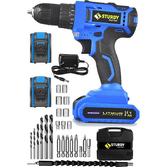 Sturdy Power Tools 58V8AH Lıon Çift Akülü Vidalama Metal Ş. Express Seri Darbeli Turbo Şarjlı Matkap 27 Parça Uç Setli 58vsetlıfıslı