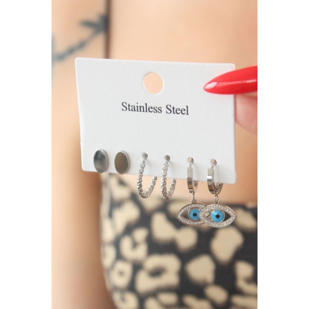 Style Dress 316L Çelik Gümüş Renk Zirkon Taşlı Göz Model Kadın Küpe Seti - 0,6 cm - Renkli Bijuteri Küpe Fiyatı