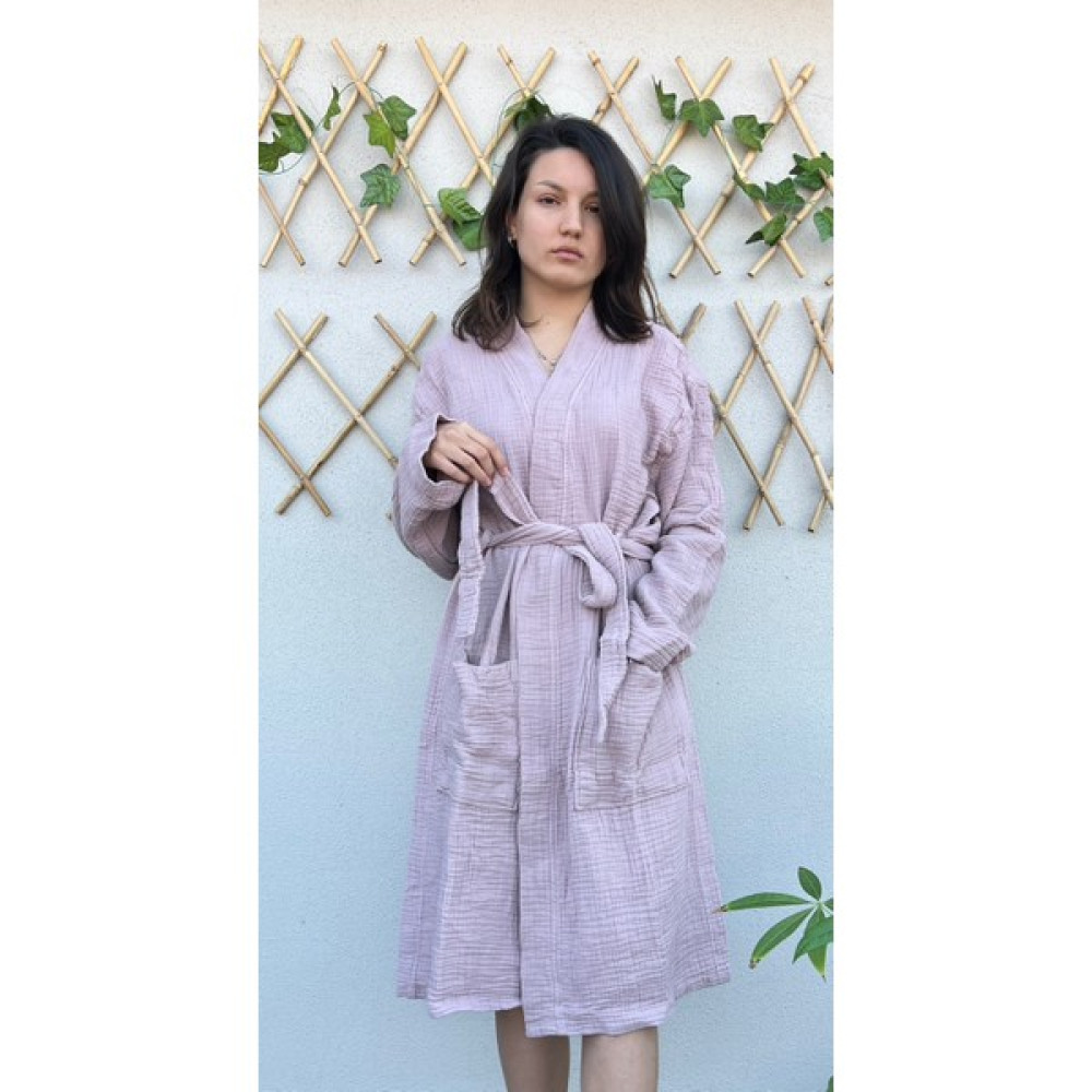 Stylish Home 4 Katlı %100 Pamuk Muslin Bornoz - S - M - Gül Kurusu Bornoz Fiyatı
