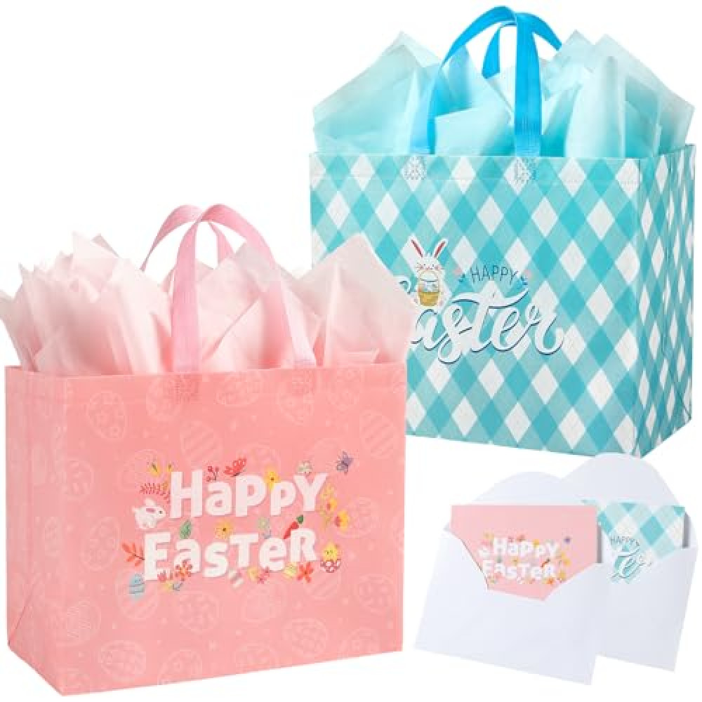 STYPOP 13" Large Easter Gift Bags with Tissue Paper,2 Pack Easter Bags with Handles for Kids - Perfect for Egg Hunts, Gifts & Treats (Pink, Blue)