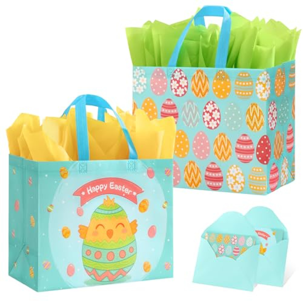 STYPOP 2 Pack 13" Large Easter Gift Bags with Tissue Paper, Reusable Non-Woven Easter Bags with Handles for Kids Egg Hunts/Party Favor Supplies, 12.8"*10.2"*6.3"