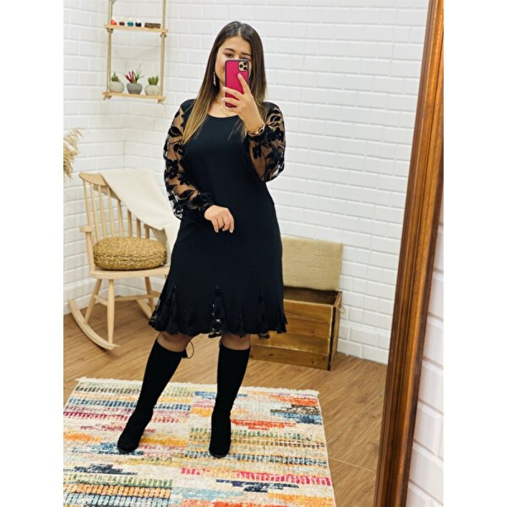 Su Butik Flok Baskı Etek Ucu Tül Detaylı Elbise Elbise Fiyatı