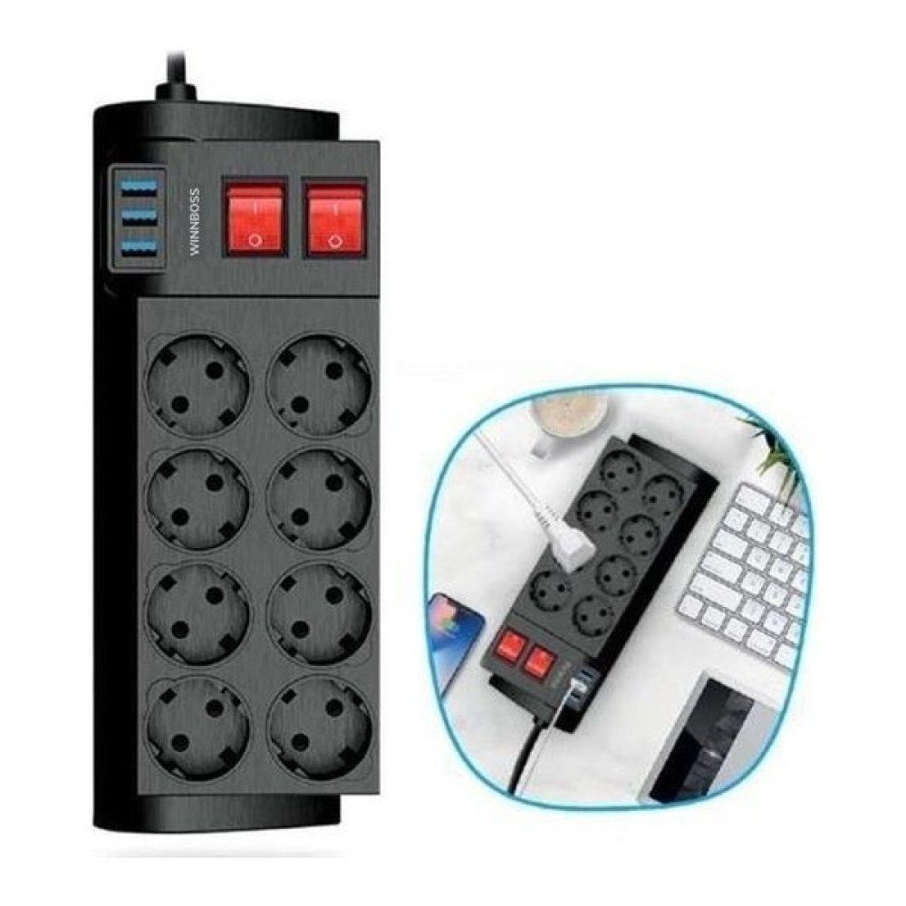 Su Isıya Dayanıklı Termal Akım Korumalı 2 Metre 16A 4000W 8li Priz ve 3 USB Li Uzatma Kablosu Prizler Fiyatı