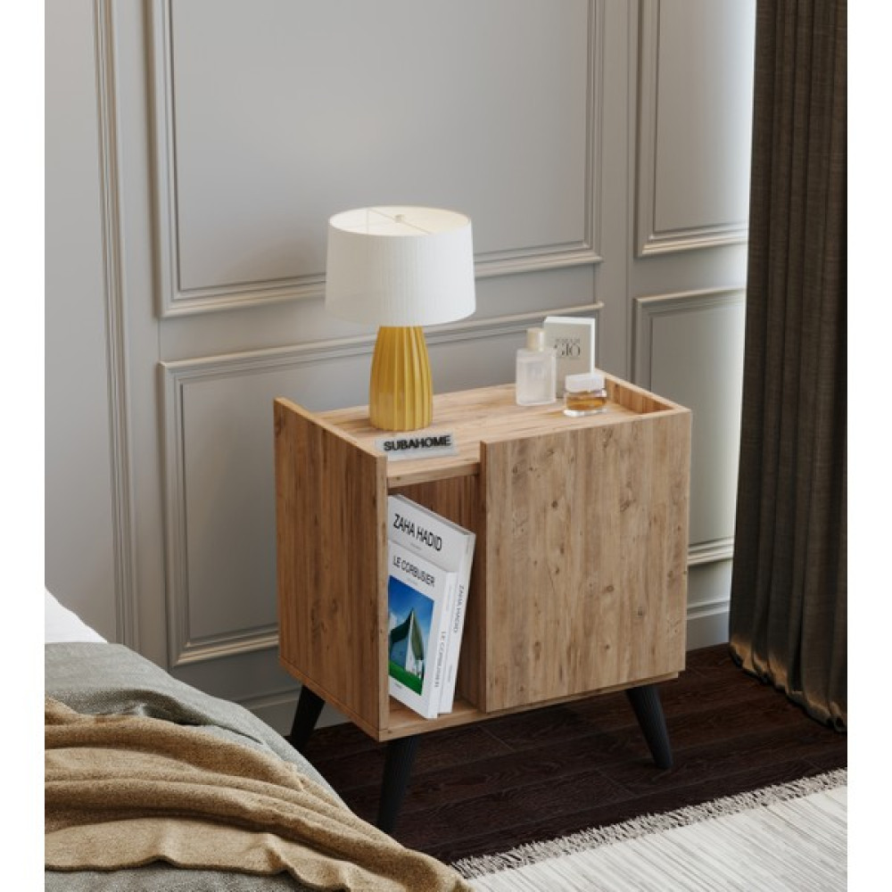 Suba Home Subahome 50 cm Mdf Modern Ayaklı Ahşap Görünümlü Komodin Çok Amaçlı Dolap Yan Sehpa Plak Dolabı Koltuk Yanı Sehpa - Atlantik Çam Komidin Fiyatı