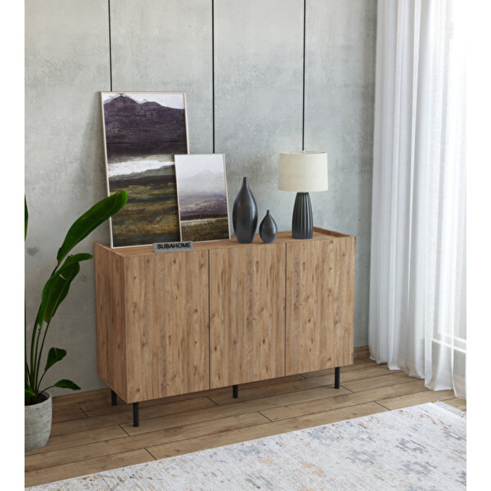 Suba Home Subahome Modern Demir Ayaklı Ahşap Görünümlü Mdf Çok Amaçlı Minimalist 3 Kapaklı Konsol - 120 x 42 x 85 - 120 cm - Atlantik Çam Konsol Mobilya Fiyatı