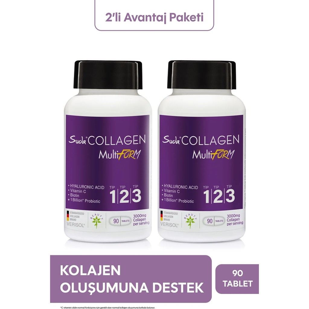 Suda Collagen Beauty Multiform Hidrolize Kolajen Peptitleri, Hyaluronik Asit, Vitamin C, Biotin, Probiyotik Mikroorganizma İçeren 90 Tablet Takviye... Diğer Fiyatı